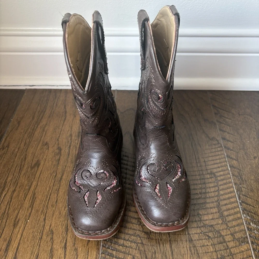 Roper Toddler Brown & Pink Glitter Inlay  Western Square Toe Boots Size 9